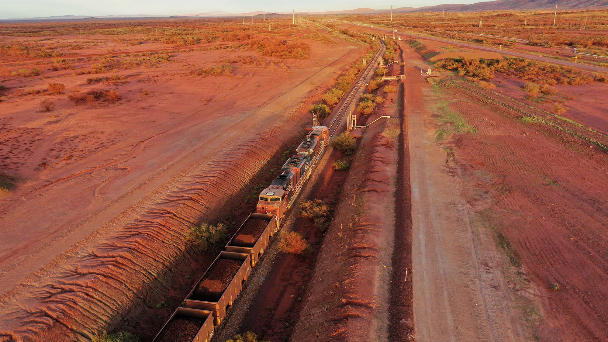 Bird's eye view of a BHP train in the Australia desert